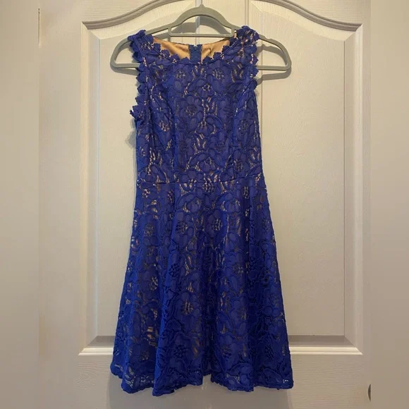 Tan Dress With Blue Lace Overlay | Color: Blue/Tan | Size: S | Pm-46559129's Closet